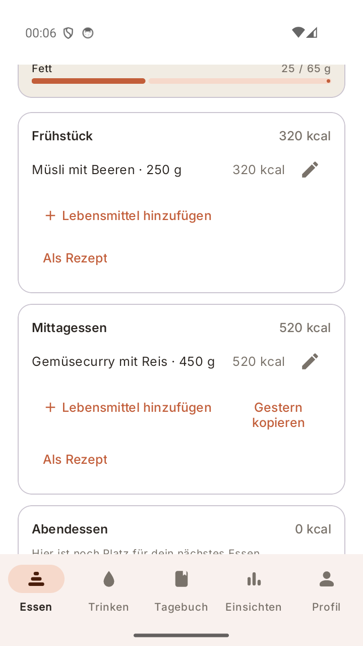 Nährwert-Dashboard mit Kalorien und Makros