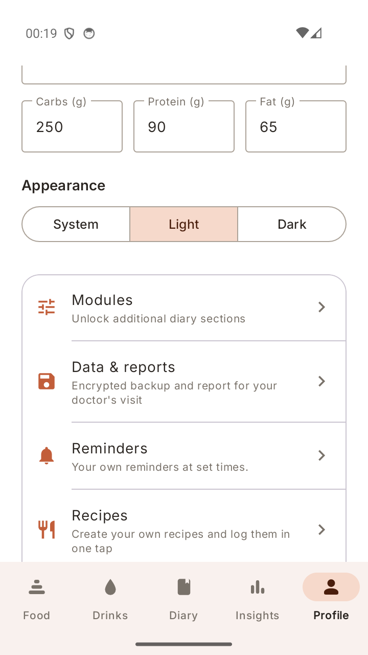 Profile with diet and modules
