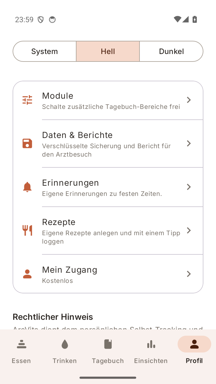Profil mit Ernährungsform und Modulen